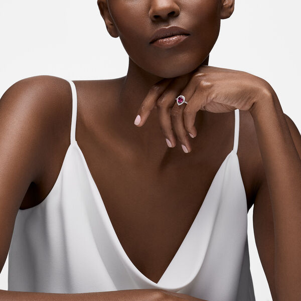 Pear-Cut Rhodolite Ring with Halo and Pav&eacute; Band